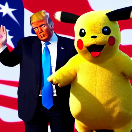 Prompt: a hyper realistic digital still of Donald Trump and Pikachu high fiving , 8k, realistic photo,