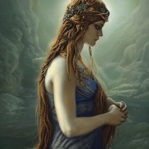 Image similar to portrait of a greek goddess of wisdom, fantasy, majestic, somber very detailed long hair