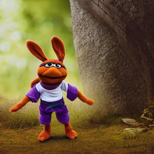 Prompt: a little brown karate loving ninja bunny that is a muppet wearing cool ninja clothes and practicing her karate out in nature, photorealistic, photography, ambient occlusion, rtx, national geographic, sesame street