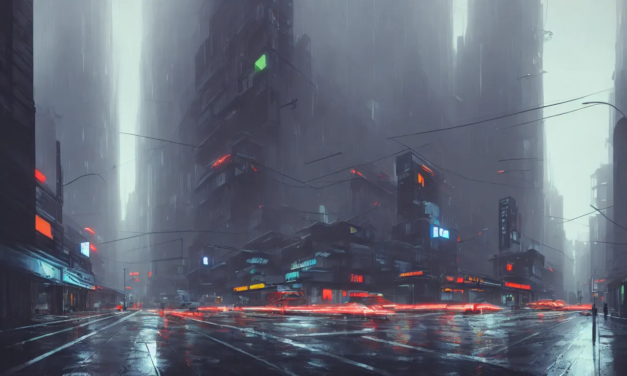 Prompt: photorealistic streetscape, simple brutalist architecture, metal, concrete, wet streets, neon lights, neon signs, flying vehicles, pedestrians, greg rutkowski, syd mead, ralph mcquarrie, concept art, matte painting, finely detailed, minimal artifacts, rule of thirds, dynamic lighting, cinematic, denoised, centered, artstation