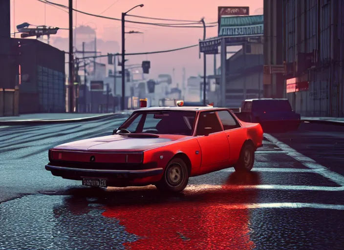 Prompt: still next - gen ps 5 game grand theft auto 6 2 0 2 4 remaster, graphics mods, rain, red sunset, people, rtx reflections, gta vi, moscow, soviet apartment buildings, photorealistic screenshot, unreal engine, 4 k, 5 0 mm bokeh, close - up old lada, gta vice city remastered, artstation