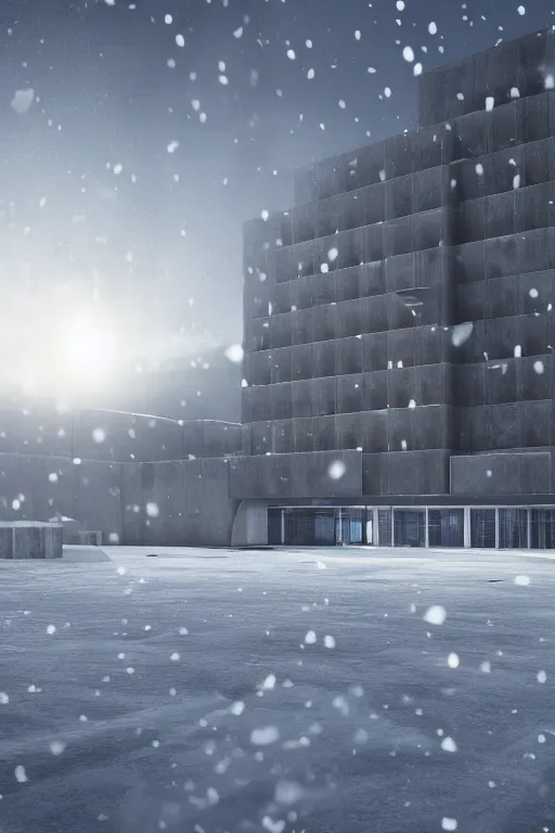Image similar to brutalist architecture, hyperrealistic rendering, 4 k, tyndall effect, snow day