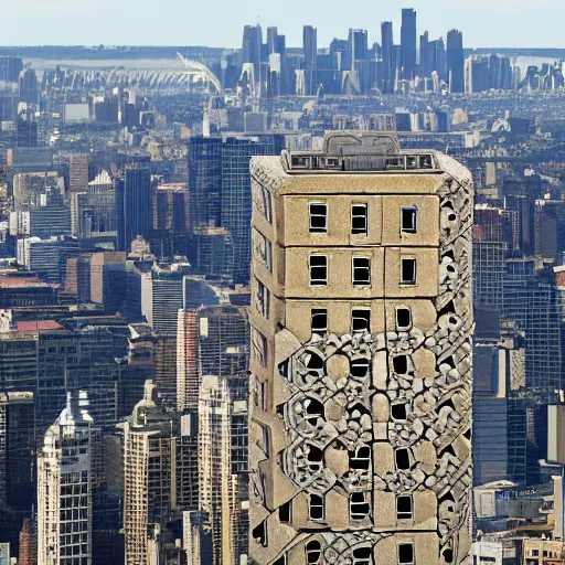 Prompt: elevated view of an immense city in the form of a gigantic menger sponge