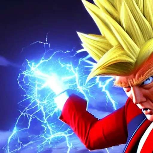 Image similar to photorealistic professional digital art of a highly detailed super sayan trump. accurate trump's face. he flies in the sky preparing a kamehameha. octane render, clear, intricate, highly detailed, unreal engine 5.