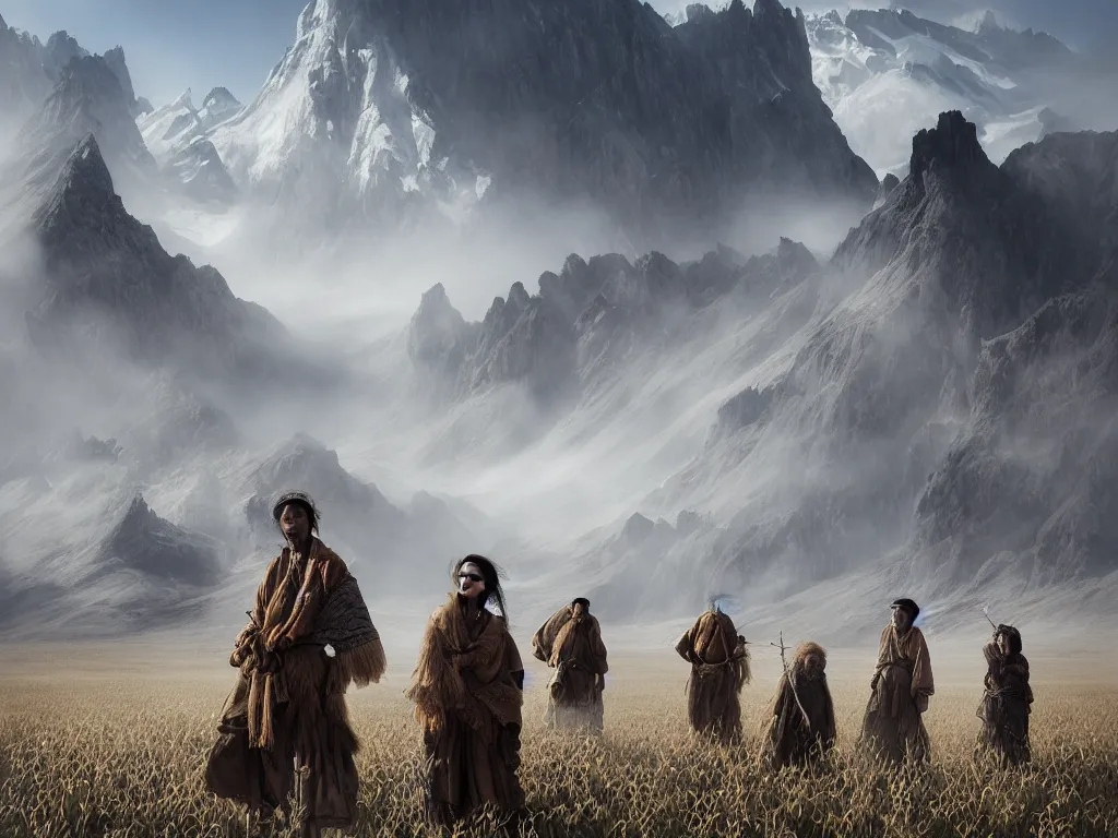 Image similar to a portrait of the mighty helianthus people, a nomadic mongolian tribe that worship the sunlight in a vast barren valley full of sunflowers that are withered dry, with glaciers peaking through fog in the distance, by Greg Rutkowski, Sung Choi, Mitchell Mohrhauser, Maciej Kuciara, Johnson Ting, Maxim Verehin, Peter Konig, Bloodborne, macro lens, 35mm, 8k photorealistic, cinematic lighting, HD, high details, atmospheric