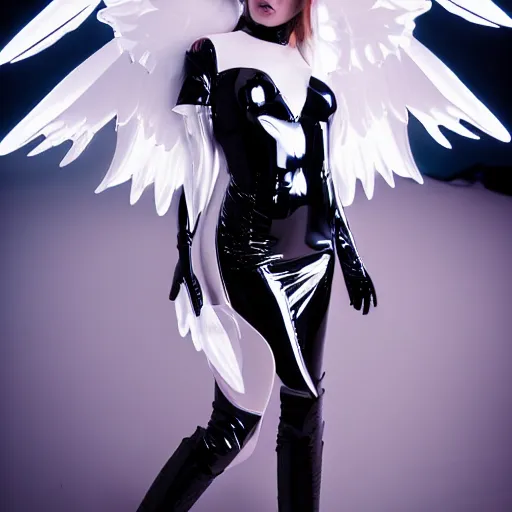 Image similar to angelic heavenly interior, glossy spinal metal, black liquid, latex pvc, winged, arched, bursts of white light, minor lens flares, 8k, photorealistic, muted colors, depth of field,
