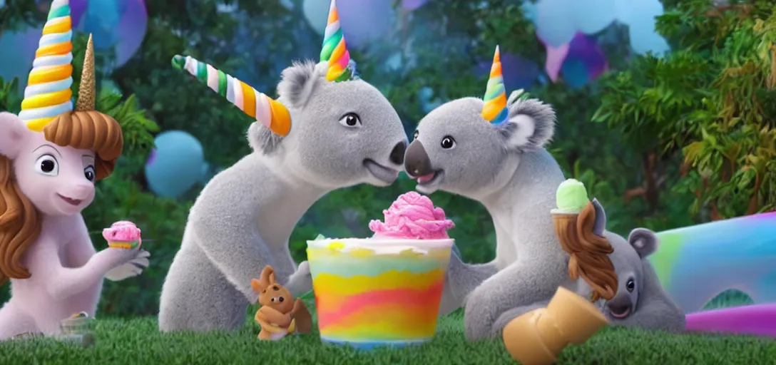 Image similar to a medium shot of a unicorn and koala enjoying ice cream cones at a birthday, highly detailed, Pixar movie, anamorphic lens