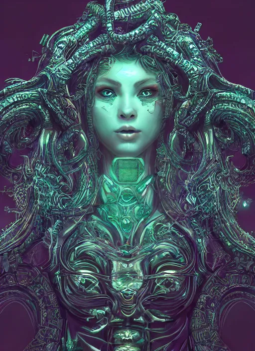 Prompt: ultradetailed ornate cyberpunk RPG character sci-fi illustration of a beautiful symmetric Medusa radiating a majestic glowing aura, intricate smooth digital painting, sharp focus, deep neon-noir tones, 3d rim light, artstation, concept art, hyperrealistic, photorealistic, Kodakchrome