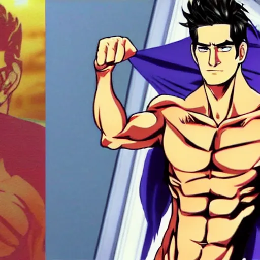 Prompt: Still of Andrew Garfield with a very muscular body type, anime art, anime style