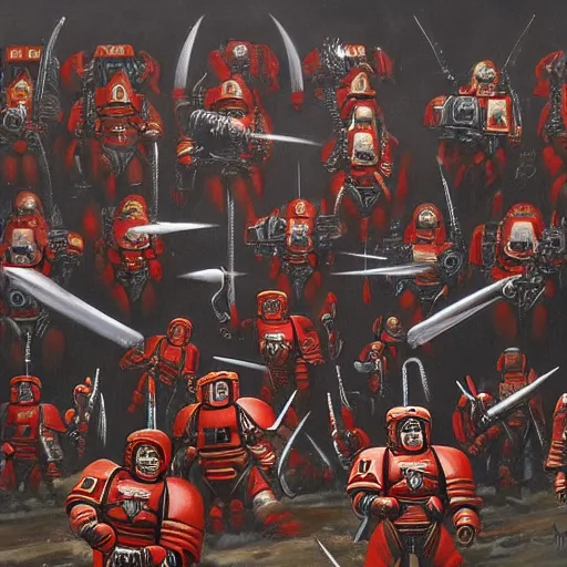 Prompt: a painting of red spacemarines from Warhammer 40000 by Banksy