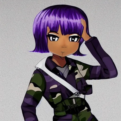 Prompt: black anime manga girl, wearing camo, purple eyes, white french bob