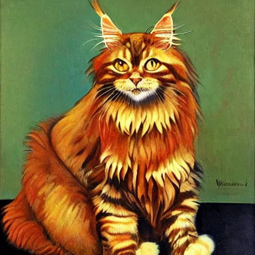 Prompt: soviet painting of ginger maine coon by isaak brodsky, walter womacka, czeslaw znamierowski, vladimir pchelin, kuzma petrov - vodkin, igor berezovsky