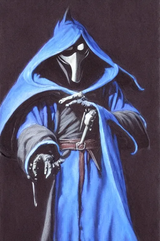 Prompt: a plague doctor with a blue robe as a d & d character, blue robe, magical, black fur armor, starwars, concept sheet, painting by gaston bussiere, demon slayer, akiri toriyama, dramatic lighting, anime