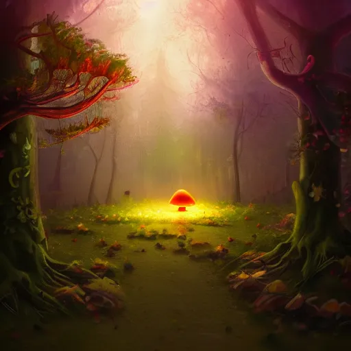 Image similar to Calm magical forest, glowing mushrooms, digital art, trending on Artstation