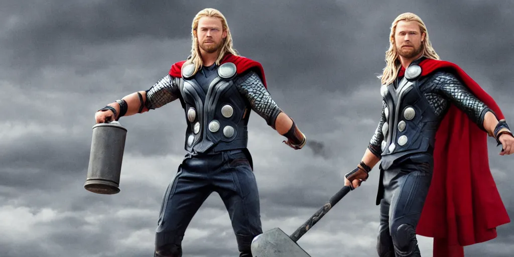 Image similar to Thor from the Avengers holding a toilet plunger instead of a hammer, cinematic pose