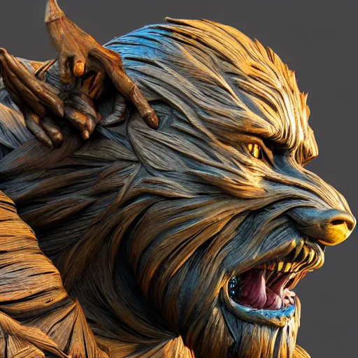 Prompt: wooden sculpture of wolfman, intricate and vibrant color details, zbrush, hyper realistic, golden ratio, macro lens, unreal engine,, vibrant color