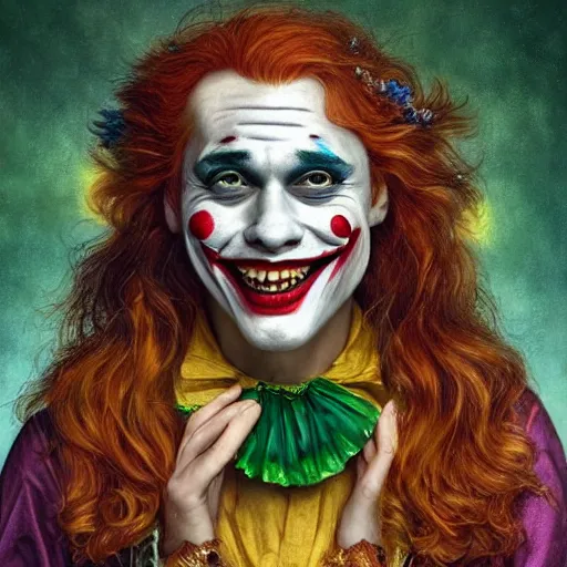 Prompt: a totally amazed smiling pretty joker surrounded by golden firefly lights in a mesmerizing scene, fully covering intricate detailed bohemian outfit, long loose red hair, precise linework, accurate green eyes, small nose with freckles, beautiful smooth oval head, expressive emotions, hyper realistic ultrafine portrait by artemisia gentileschi, jessica rossier, greg rutkowski, artgerm