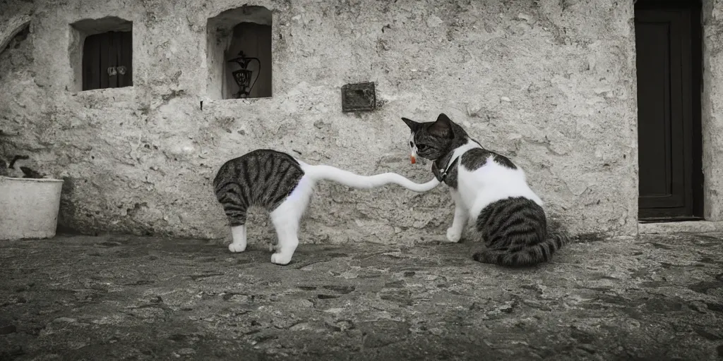 Prompt: photography of a cat with mortadela in his mouth at italian puglia with trulli houses in the background, photoreal, 3 5 mm, award winning photography