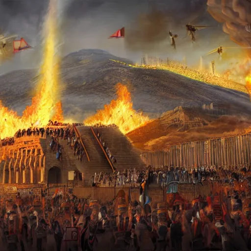 Prompt: digital art depiction of angry, strong, charismatic Cyrus the Great defeating fat, sad, weak Elon Musk at the battle for Athens, with the Acropolis of Athens burning on the background, trending on Artstation