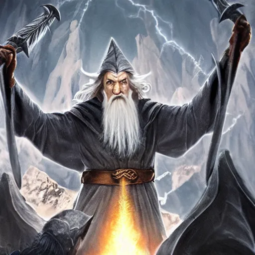 Prompt: Selfie taken by an overconfident Gandalf the Grey on the Bridge of Khazad Dum, a balrog looming in the background,