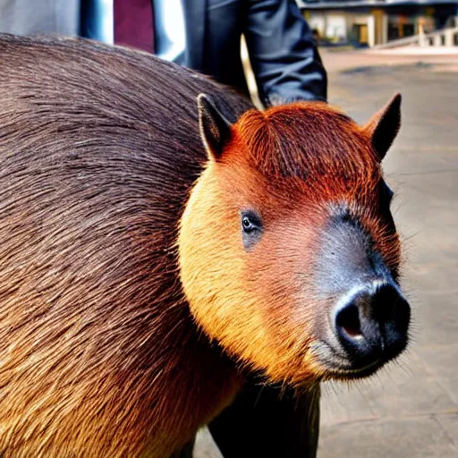 Image similar to an antropomorphic capybara wearing a suit