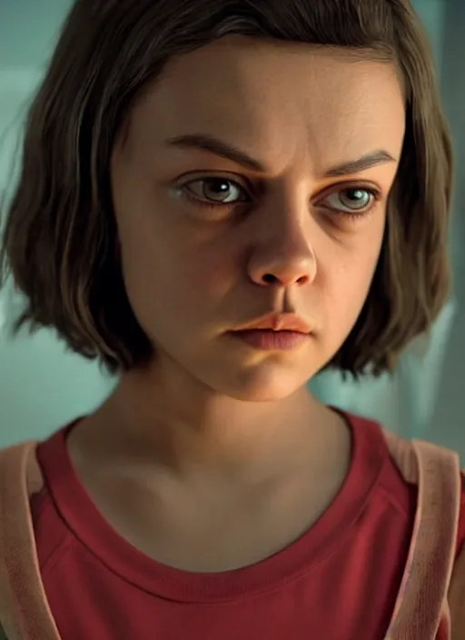 Image similar to Mila Kunis (buzzcut haircut) cast as Eleven, still from Stranger Things movie, hyperrealistic, 8k, Octane Render,