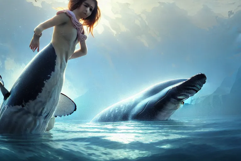 Image similar to painting of panorama view of under the water, wearing beautiful clothes, hyper detailed cg rendering of a cute girl and whale, atmospheric lighting, perfect shadow, elegant, highly detailed, digital painting, artstation, concept art, smooth, sharp focus, illustration, art raphael lacoste, by artgerm and greg rutkowski and alphonse mucha, 8 k