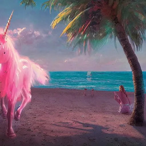 Prompt: a pink unicorn wearing headphones, at a beach party in Ibiza, Greg Rutkowski, art station