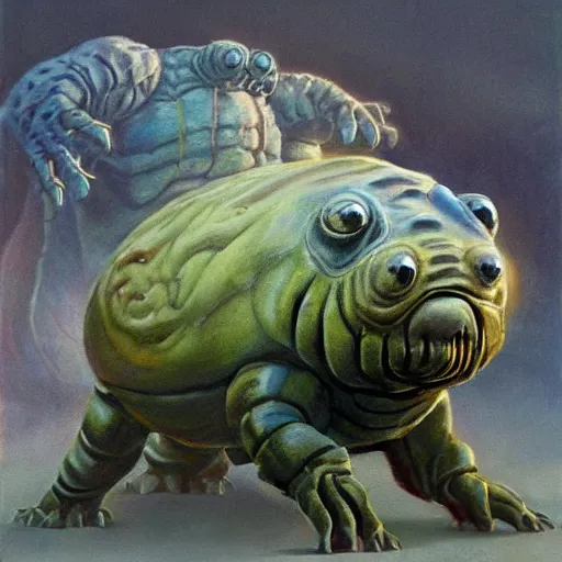 Prompt: realistic painting of a tardigrade kaiju, with 6 legs, by james gurney, smiley, godzilla, vintage, concept art, winner