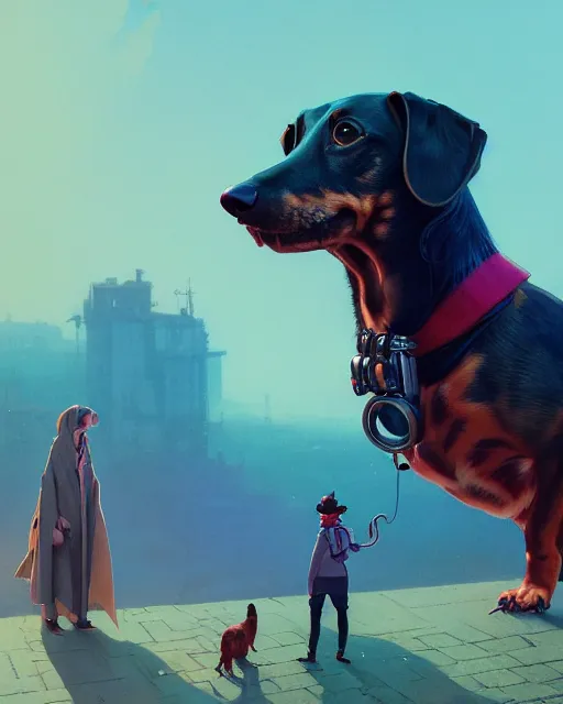 Image similar to highly detailed surreal vfx portrait of a nowpunk dachshund, stephen bliss, unreal engine, greg rutkowski, loish, rhads, beeple, makoto shinkai and lois van baarle, ilya kuvshinov, rossdraws, tom bagshaw, alphonse mucha, global illumination, detailed and intricate environment