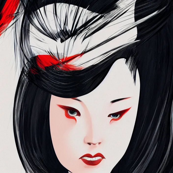 Prompt: youthful geisha, portrait, aerodynamic, fast, beautiful face, digital art, hd, concept art, by santiago calatrava, by zaha hadid