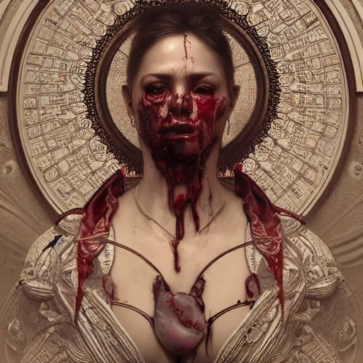 Prompt: whirling ornate intricate portrait of a bloodied filigreed butcher, rippling, warping, ultra realistic, concept art, intricate details, eerie, highly detailed, photorealistic, octane render, 8 k, unreal engine. art by artgerm and greg rutkowski and alphonse mucha