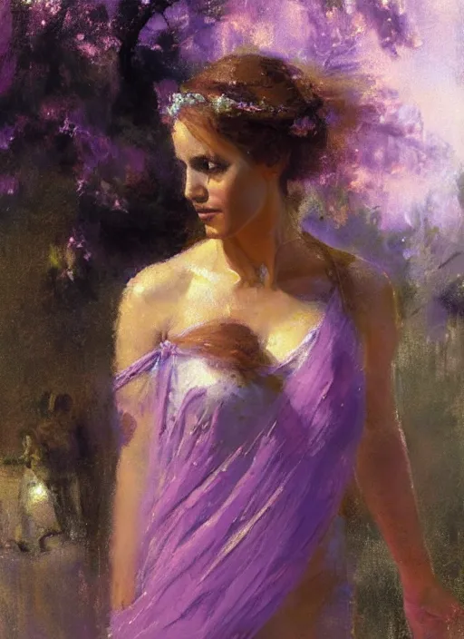 Image similar to painting of Aphrodite wearing a light purple sash over her shoulder, looking askance with a gentle sparkle in her eyes, by Jeremy Mann, detailed, stylized, loose brush strokes, bold colors, warm tones