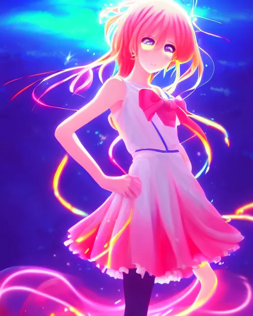 Image similar to anime style, vivid, expressive, full body, 4 k, painting, a cute magical girl idol with a long wavy hair wearing a dress, correct proportions, stunning, realistic light and shadow effects, neon lights, studio ghibly makoto shinkai yuji yamaguchi