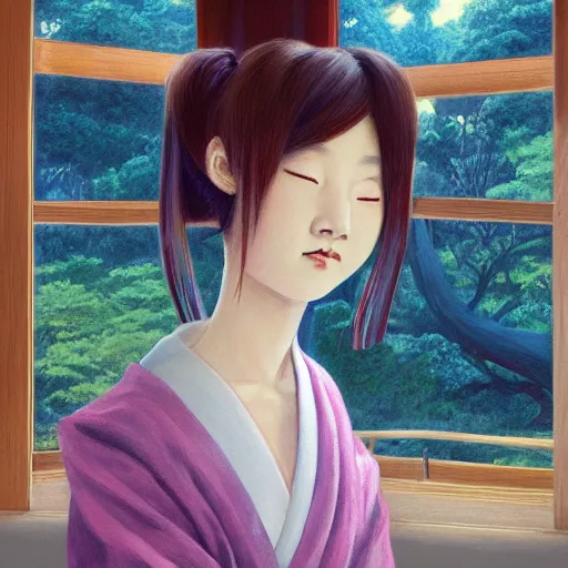 Prompt: zeenchin style painted of a girl in japan, looking out a window at a temple garden filled with yokai and spirits, trending on artstation - w 8 9 6