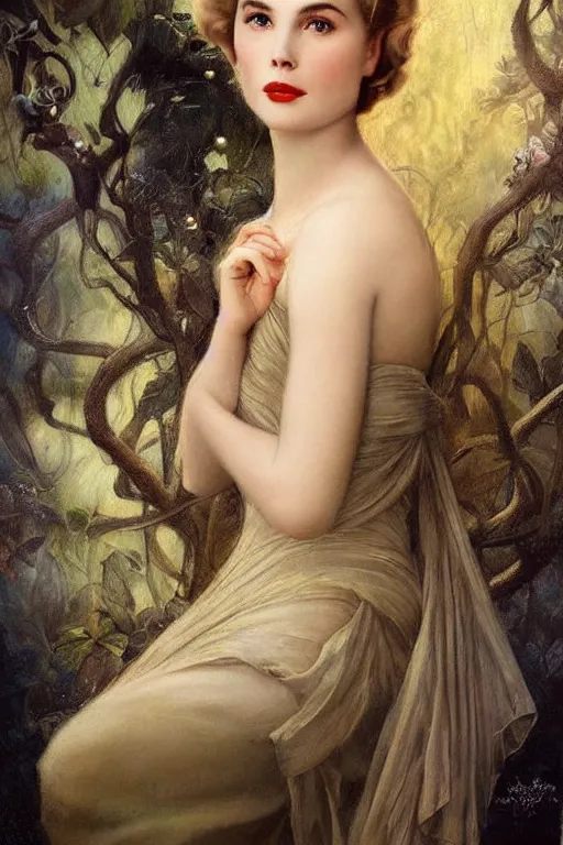 Image similar to a young and extremely beautiful grace kelly infected by night by tom bagshaw in the style of a modern gaston bussiere, art nouveau, art deco, surrealism. extremely lush detail. melancholic scene infected by night. perfect composition and lighting. sharp focus. profoundly surreal. high - contrast lush surrealistic photorealism. sultry and mischievous expression on her face.