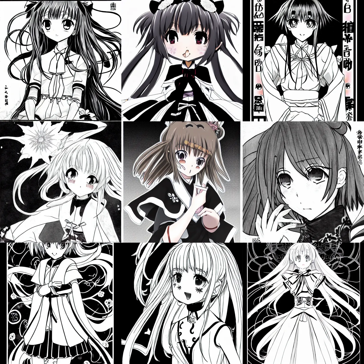 Prompt: sakura kinomoto, tsubasa chronicles, manga, clamp style, black and white, riichi ueshiba