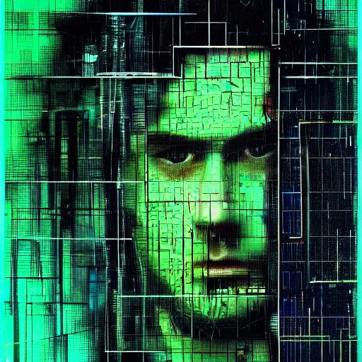 Prompt: hyperrealistic portrait of a cyberpunk man, teenager, long hair, immersed within a network, glitch eyes, by Guy Denning, Johannes Itten, Derek Gores, Russ Mills, glitch art, smooth lines, fine detail, polished, complex, hacking effects, holographic, digital tech effects, green, color blocking!, realistic, acrylic on canvas, concept art, abstract!, symmetrical, 8k, concept art, octane, photorealistic, cgsociety, trending on artstation