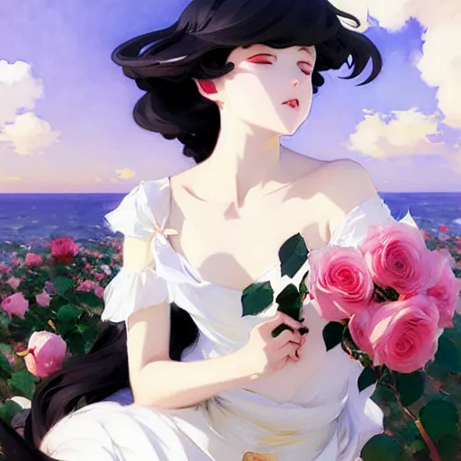 Image similar to beautiful rose anime white - hair girl in elegent black dress, laying on roses, krenz cushart, mucha, ghibli, by joaquin sorolla rhads leyendecker, by ohara koson