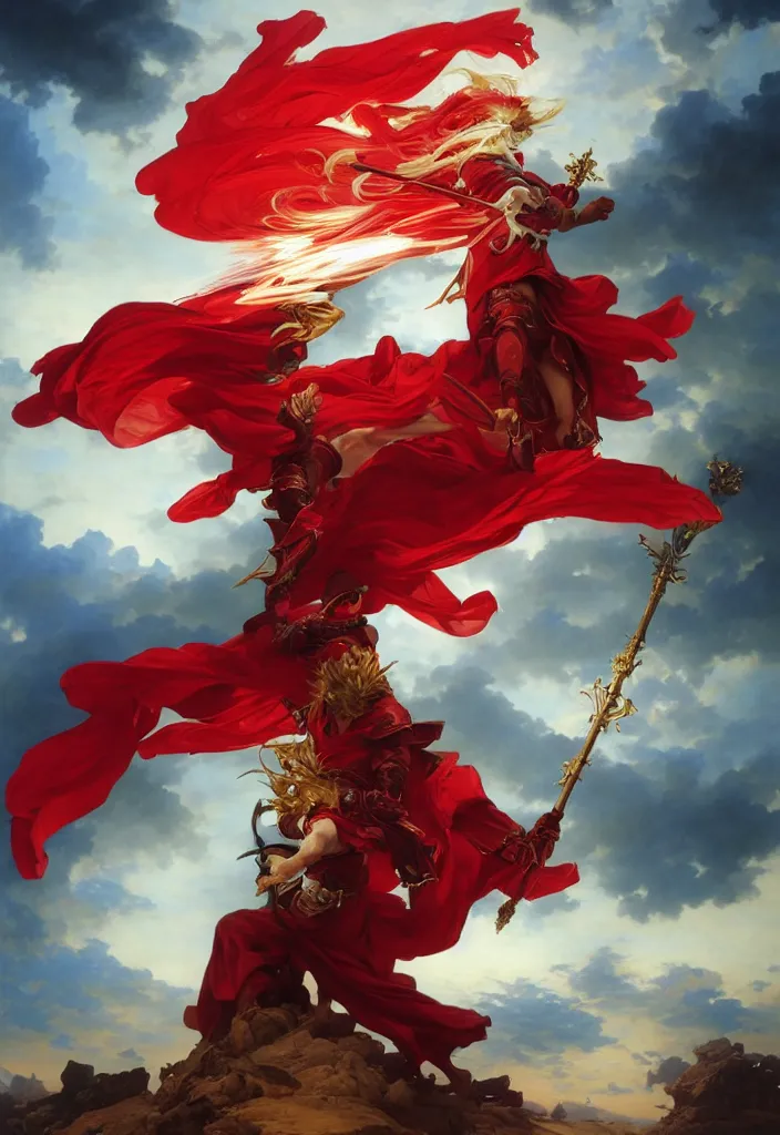 Image similar to A boisterous Red Mage wearing striped shining armor holding a staff of power surrounded by an epic cloudscape. The Magus Omega . Red Wizard. Morpheus. masterpiece. 4k digital illustration. by Ruan Jia and Artgerm and Andreas Rocha and William-Adolphe Bouguereau and Edmund Blair Leighton. award winning, Artstation, intricate details, realistic, Hyperdetailed, 8k resolution. Concept Painting. Key Art