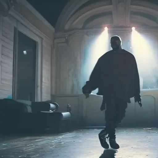 Image similar to kanye west dancing in an abandoned mansion, ominous lighting, realistic, elegant, beautiful, 4 k, sad.