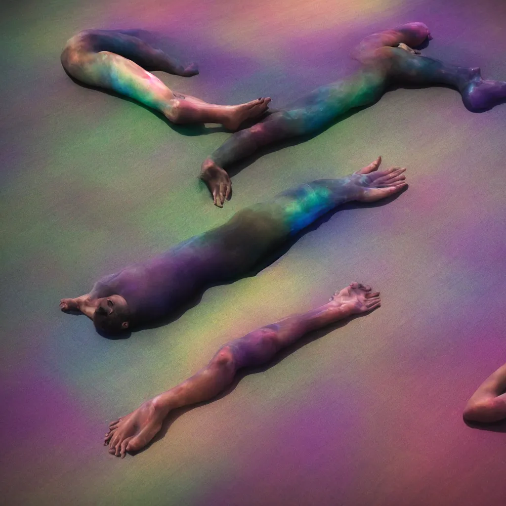 Image similar to close - up of iridiscent oil slick corpses connected by a transparent pipe to a wax form relaxing on yoga mat, faded, gradient, fog, smoke, depth of field, blur, very detailed, glitch, by nadav kander and hans bellmer, 8 k, ultrarealistic, ultradetailed, sad atmosphere, cinematic