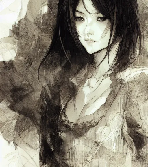 Image similar to portrait of anime woman, pen and ink, intricate line drawings, by craig mullins, ruan jia, kentaro miura, greg rutkowski, loundraw