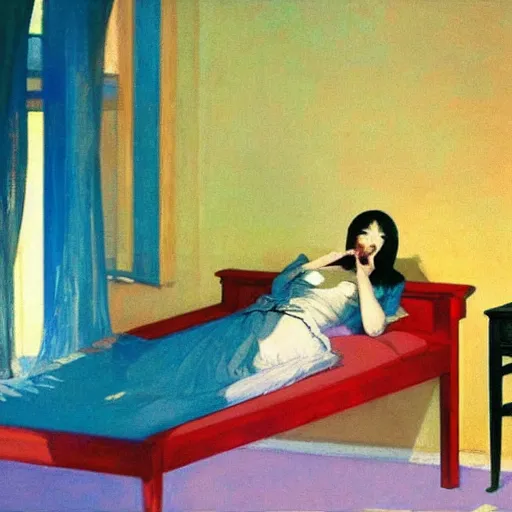 Prompt: a woman sleeps in levitation above her bed vibrant by akihiko yoshida and edward hopper 1 2 3