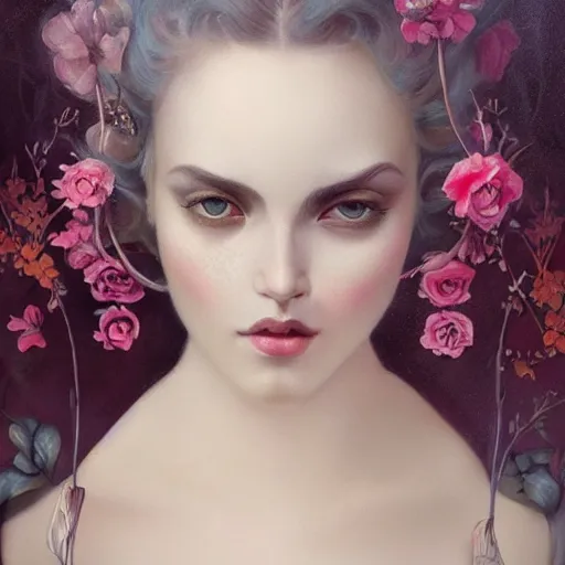 Prompt: tom bagshaw, soft painting of a curiosities carnival, beautiful young aristocrat blessing flowers in full dress, perfectly detailed, symmetrical intricate sensual features, highly detailed, artstation, sharp focus