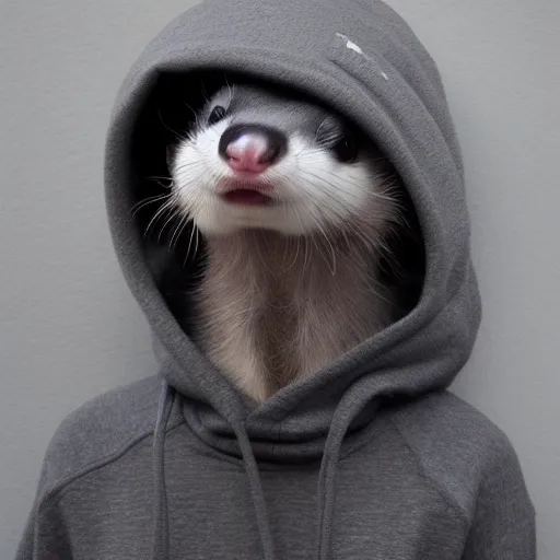 Prompt: An anthropomorphic ferret wearing a grey hoodie and a beanie, trending on FurAffinity