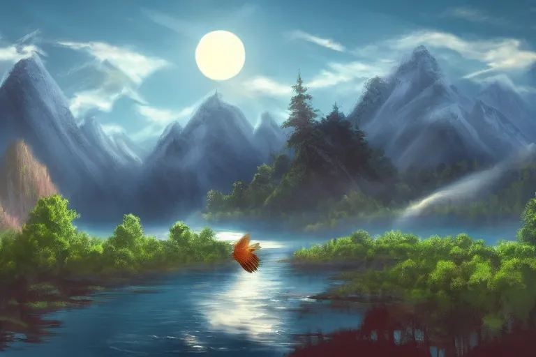 Prompt: bob ross with wings, beatiful place, mountains in background, dynamic lighting, cinematic lighting, clear sky, sun set