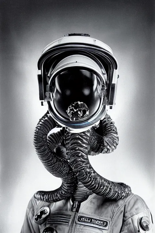 Image similar to extremely detailed studio portrait of space astronaut, alien tentacle protruding from eyes and mouth, slimy tentacle breaking through helmet visor, shattered visor, full body, soft light, plain studio background, disturbing, shocking realization, award winning photo by richard avedon