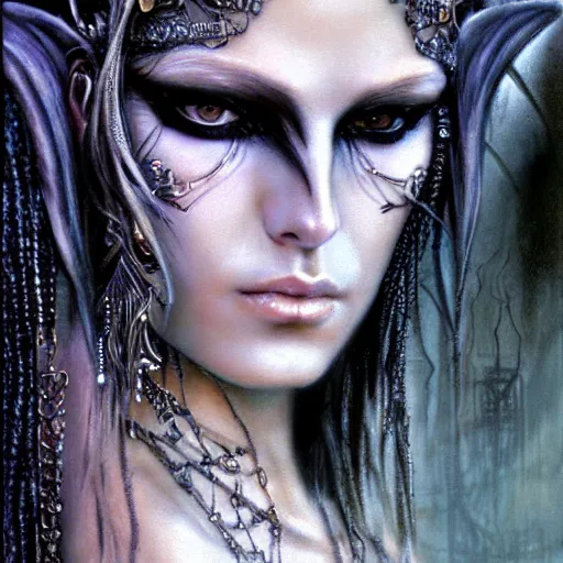 Prompt: an award finning closeup facial portrait by luis royo and john howe of a bohemian androgynous cyberpunk traveller clothed in excessively fashionable 8 0 s haute couture fashion and wearing ornate art nouveau body paint