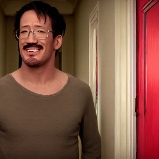 Prompt: a still of markiplier in the shining